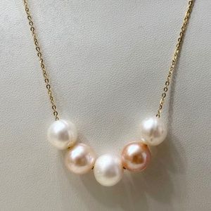 Five NATURAL Cultured Pearls Floating on 14K YG - 18 Inches (Adjustable)